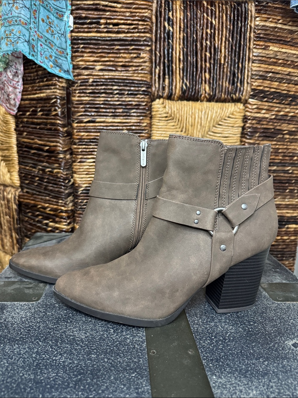 Indigo Taupe Suede-Look Ankle Booties with Block Heel